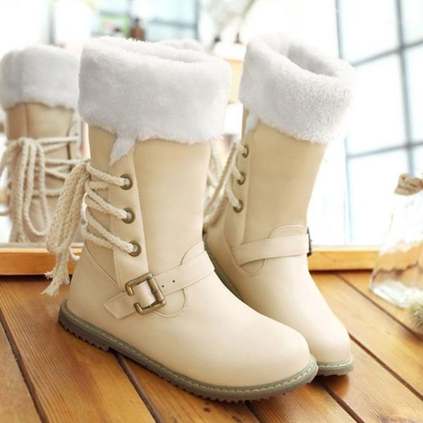 

boots snow booties with plush pure color round toe lace-up flat heels vintage lady shoes fall winter female bota1, Black