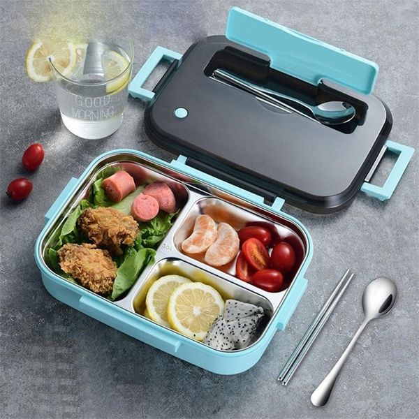 Tragbare 304 Edelstahl Lunchbox Neue Heiße 3/4 Abschnitt Design Lebensmittel Platte Bento Box Küche Auslaufsichere Lebensmittelbehälter 201209