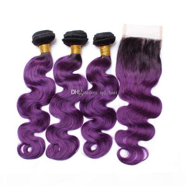 

ombre purple lace closure with 9a virgin hair 3 bundles 1b purple body wave human hair weaves with lace closure 4pcs lot, Black