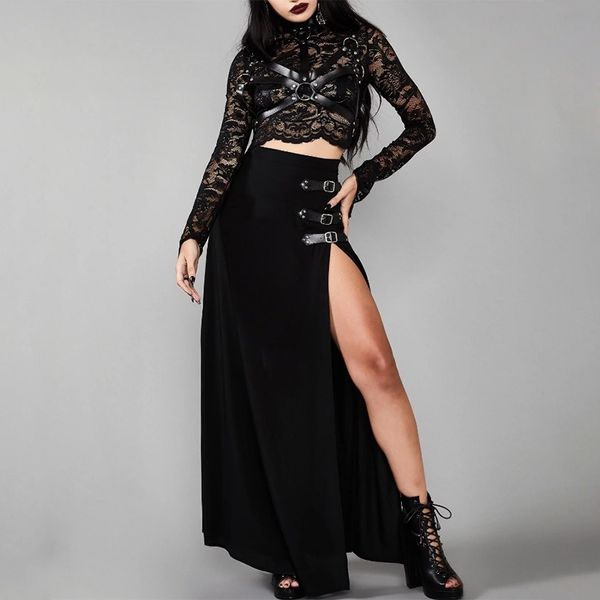 

imily bela gothic long split skirt women side slit high waist straight skirts femme balck ankle length faldas streetwear y200326, Black