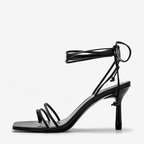 

2021 syle women sandals pinched toe one stap in font square toe ankle lace-up high thin heels shoes women1, Black