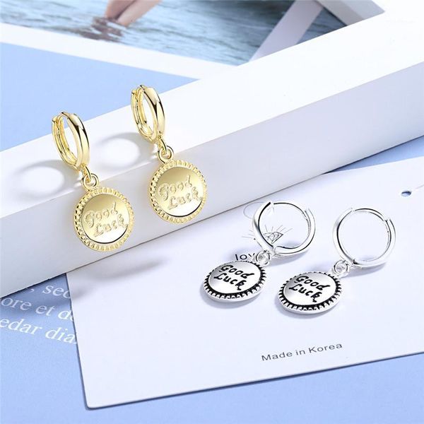 

hoop & huggie vintage gold round good luck letter ear hook earrings for women girls creative silver color party gift jewelry1, Golden;silver