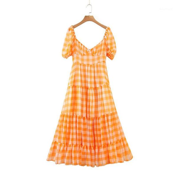 

2020 summer new french square collar plaid bubble sleeve long dress1, Black;gray