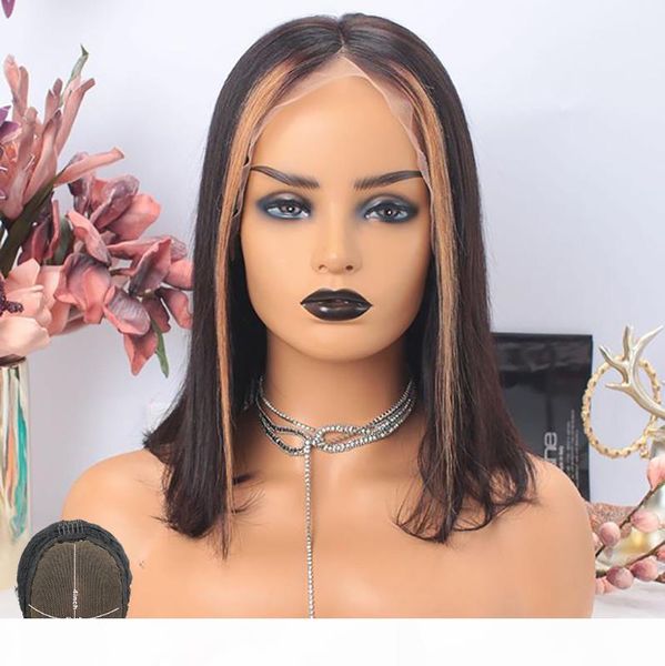 

atina ombre bob wig honey blonde colored 4x4 lace closure human hair wig for black women remy short bob glueless pre plucked, Black;brown