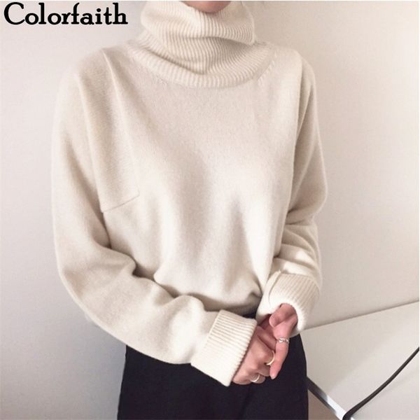 

colorfaith new 2020 women's autumn winter korean style knitwear turtleneck warm pullover solid minimalist elegant sweater lj201017, White;black