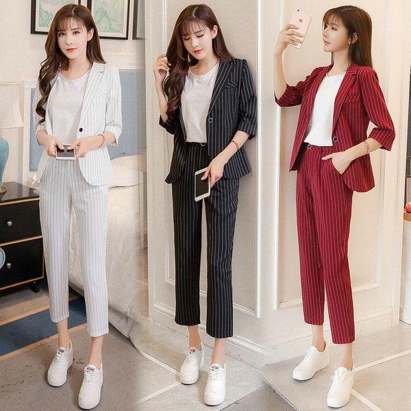 

work fashion pant suits 2 piece set for women double breasted striped blazer jacket & trouser office lady suit feminino 2020, White