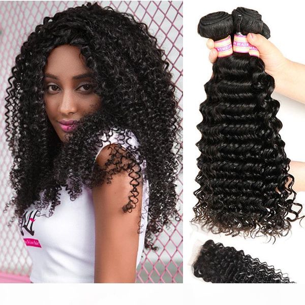 

malaysian indian peruvian brazilian virgin hair bundles deep wave human hair with closure kinky curly weave bundles with closure, Black