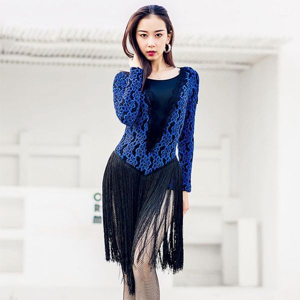 

new long sleeve lace latin dance dress women tango samba rumba salsa ballroom performance clothes fringe dresses practice1, Black;red