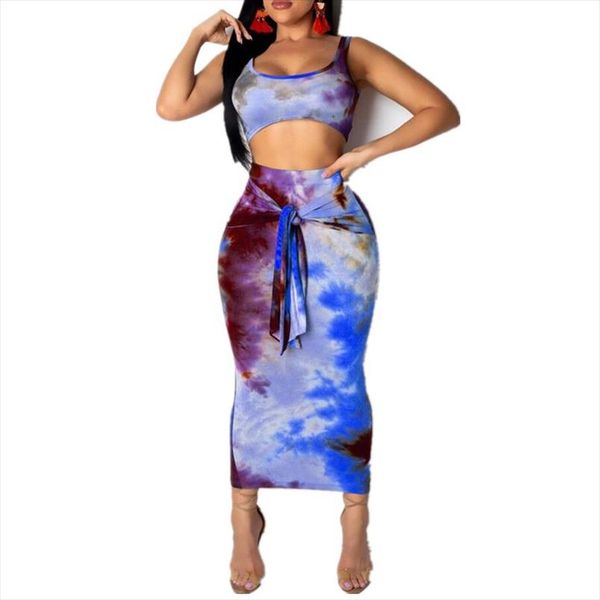 

tie dye платья женщина set cami top midi юбка женщина бинты рукава top юбка партия коктейль clubwear наборы, Gray