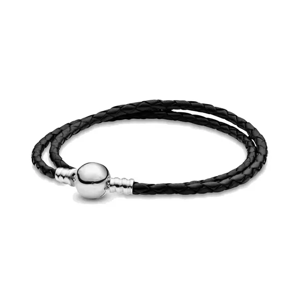 Feiner Schmuck, authentische Perle aus 925er-Sterlingsilber, passend für Pandora-Charm-Armbänder, Charms-Armbänder, Moments-Anhänger mit doppelter Sicherheitskette aus schwarzem, rosafarbenem Leder, DIY-Perlen