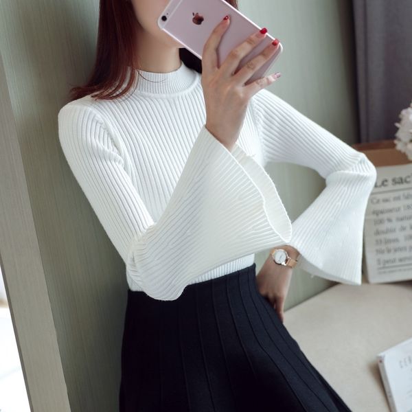 

ezmcw flared sleeve sweater women's autumn winter 2020 thickened high pullover for collar sweater long sleeve pullover half with bottom, White;black