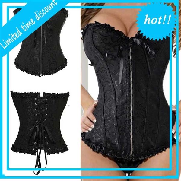 

women halloween zipper bustier boned waist trainer corset overbust brocade plus size waspie black, Black;white