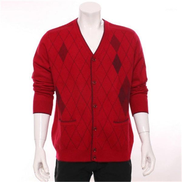 

100%goat cashmere v-neck thick knit men fashion argyle single breasted cardigan sweater h-straight red 3color s/2xl/eur1, White;black
