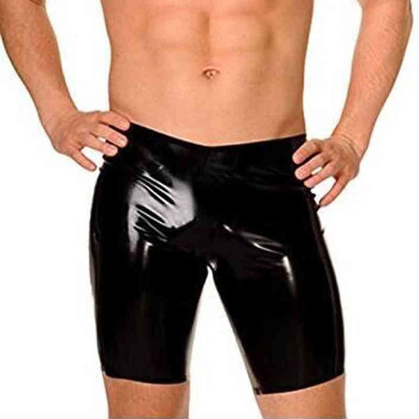 Shorts masculinos de couro falso de PVC Roupas de performance de palco para homens Shorts de lingerie óleo brilhante Jockstrap Fetish Tight Sexy Black Club G220215