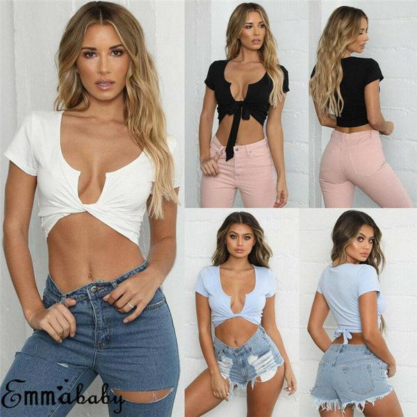 

hirigin womens v neck short sleeve crop lady front tie up casual ladies beach cotton short tee1, White