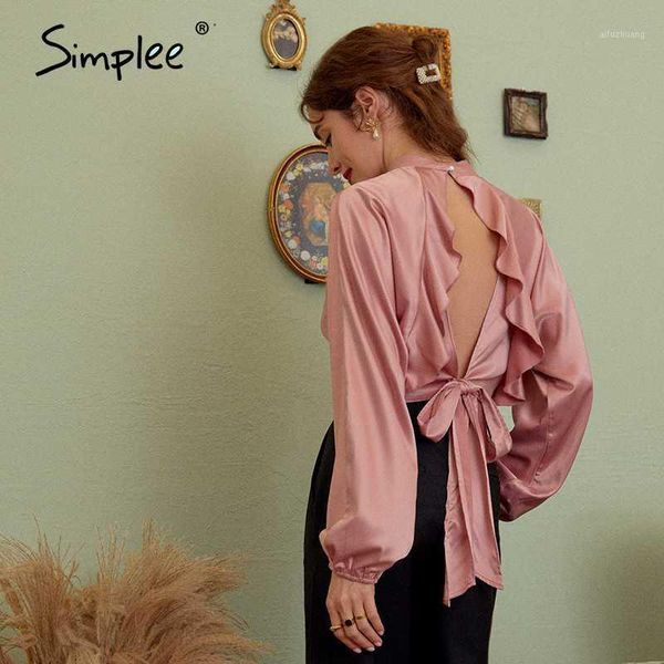

simplee long lantern sleeve women blouse pink backless bowknot solid blouse lady high fashion autumn 2020 streetwear 1, White