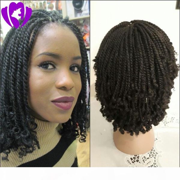 

black color short synthetic kinky twist tip braid lace front wig for black women ing