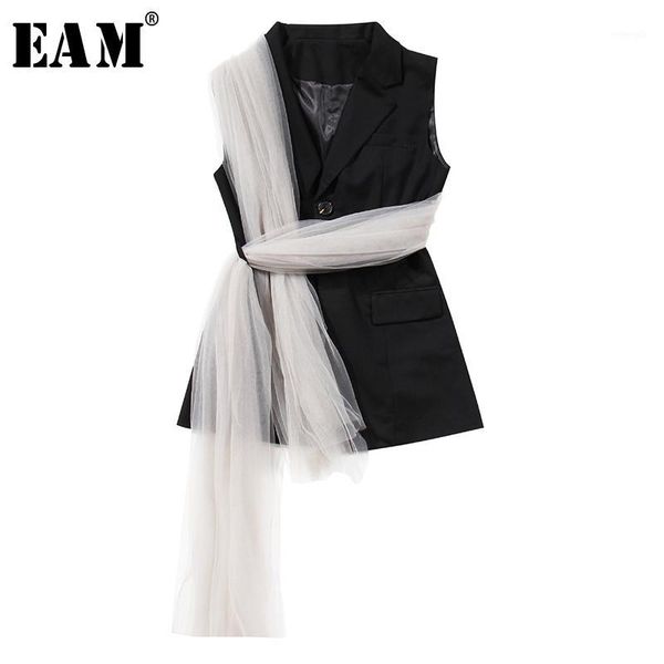 

eam] women loose fit black mesh bandage split joint irregular vest new lapel sleeveless fashion tide spring autumn 2020 1x3411, Black;white