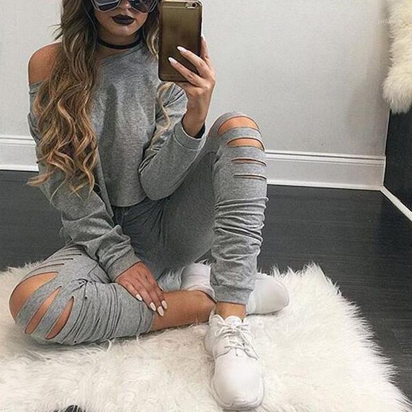 

two piece set women spring autumn tracksuit solid color o-neck long sleeve crop and holes pants suits deportivas mujer ropa1, Gray