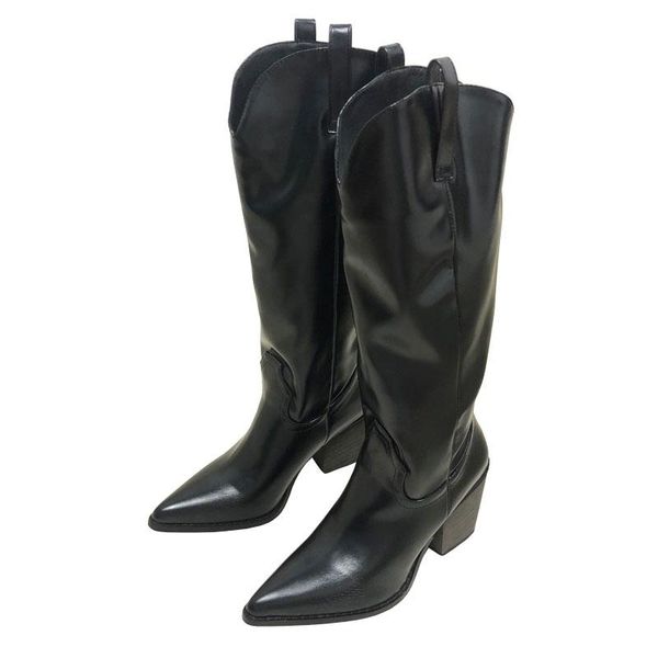 

black white slip-on western boots women zapatos de mujer pointed toe retro shoes woman chunky heels cowboy calf boots female