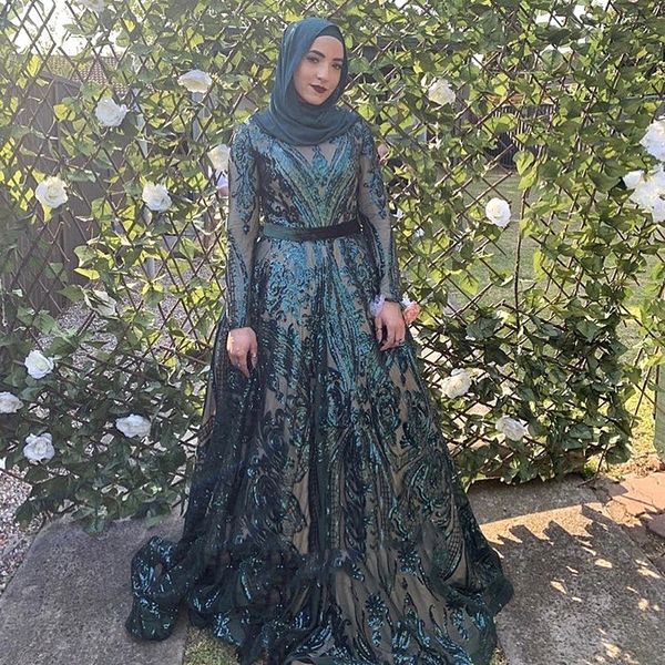 Hunter Green Sequin Applique Vestidos de Noite Muçulmanos 2022 Rose Gold Real Imagem de Manga Longa Sparkly Arabic Kaftan Caftan Caftan Vestidos