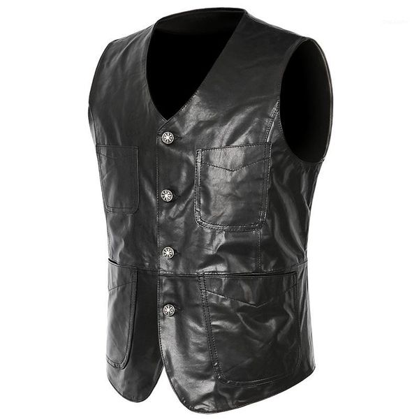

mens leather vest genuine sheepskin spring summer slim fit motorcycle vests black casual leather sleeveless jackets waistcoat1, Black;white
