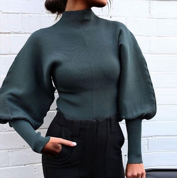 

ladies new sweaters womens fashion lantern sleeve solid color knitted pullover sweaters casual autumn winter clothing, White;black