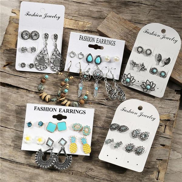 

dangle & chandelier if me vintage ethnic geometric drop earrings set for women crystal wood beads pendant circle round earring jewelry party, Silver