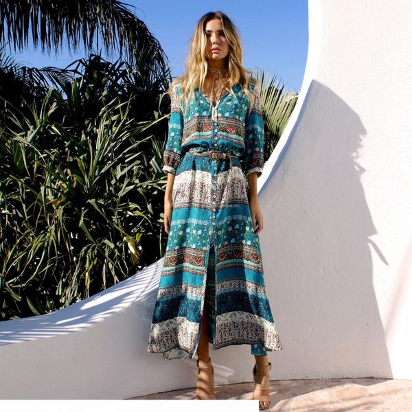 

s-xxxl women holiday bohemian dresses floral print split long dress beach summer v neck dress eleagnt sash wrap maxi dresses vestidos, Black;gray