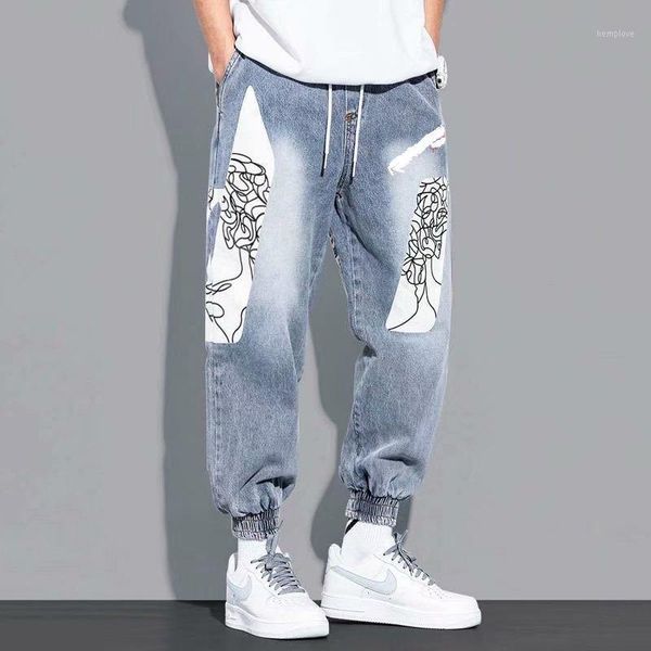 

men's autumn loose plus size denim blue jeans cartoon anime cargo pants harem trousers1