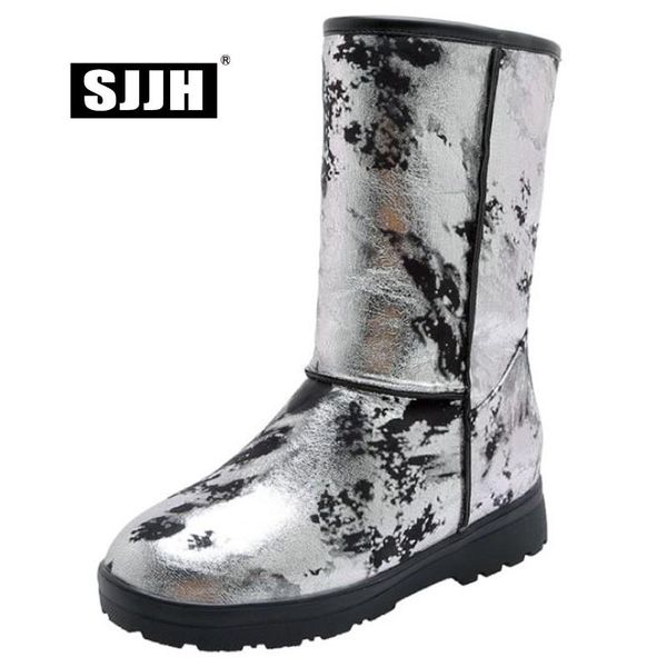 

sjjh women snow boots with round toe slip-on plush winter flat mid-calf boots fashion comfortable casual shoes large size e274, Black