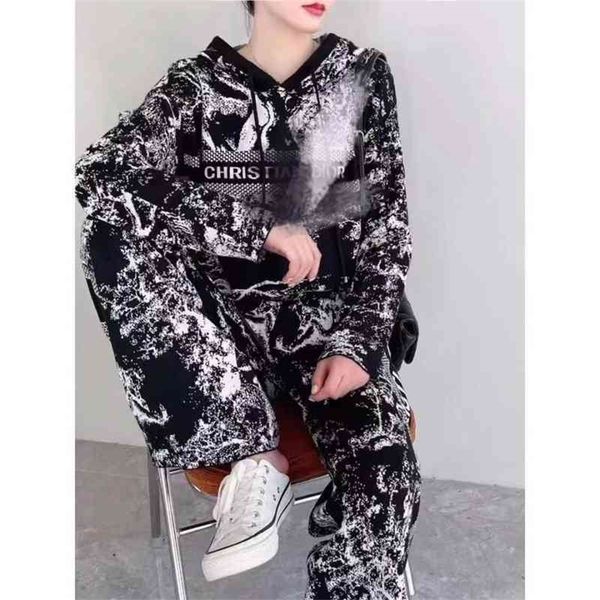 

70% outlet online summer and autumn new ink painting printing hooded loose sweater sleeve long pants leisure suit, White;black
