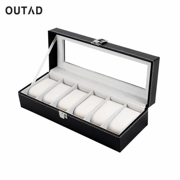 

outad classic 6 grid casket watch winder boxes case refinement slots wrist watches gift jewelry leather display storage holder, Black;blue