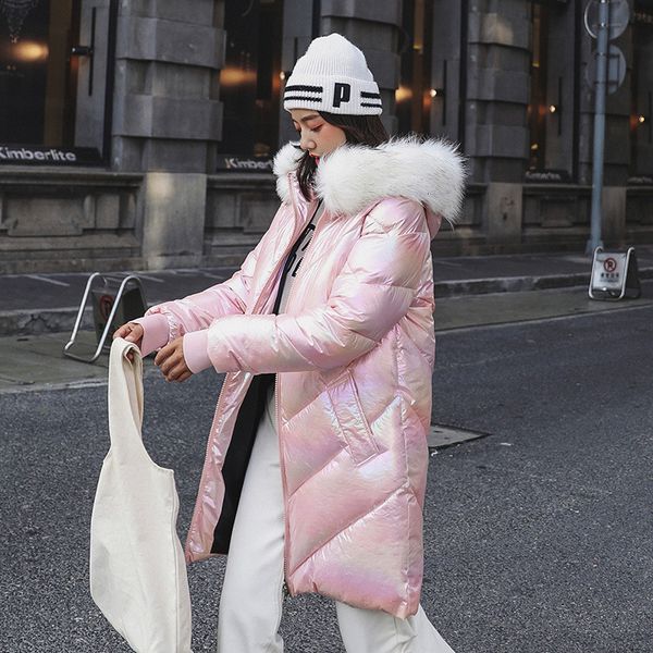 

fashion gradient color women winter jacket cotton padded warm thicken fur collar ladies long coats parka womens jackets 201104, Black