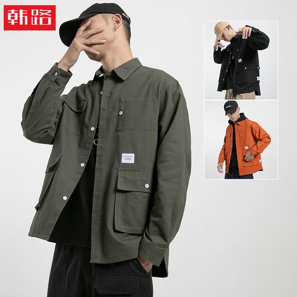 

hanlu men's 2020 new multi pocket lapel thin jacket q, Black;brown