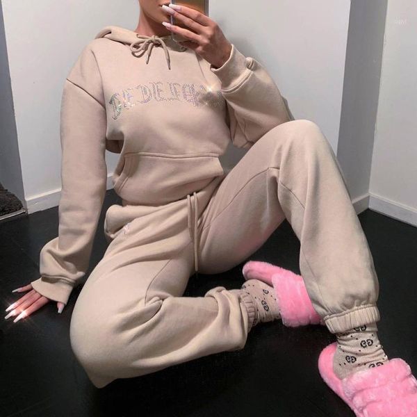 

female solid color thicken leisure keep warm hooded women's fleece long sleeve plus size printed hoodie trousers sports suit1, Gray