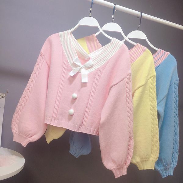 

kawaii soft girl short open-neck sweater pullover twist sweet sweet student soft girl college style sweater women sweaters, White;black