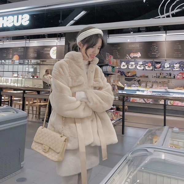 

women's fur & faux women 2021 autumn winter coat female loose stand collar overcoat thick warm ladies fake plush outerwear c61, Black