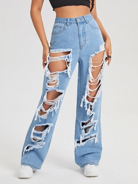 

high waist ripped wide leg jeans z286#, Blue