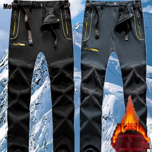 

outdoor pants mountainskin men winter fleece hiking thick water repellent thermal camping windproof warm trousers va875, Black;green