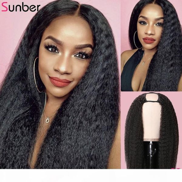 

sunber kinky straight u part human hair wig 150% density remy hair easy install real scalp glueless peruvian human wig, Black;brown