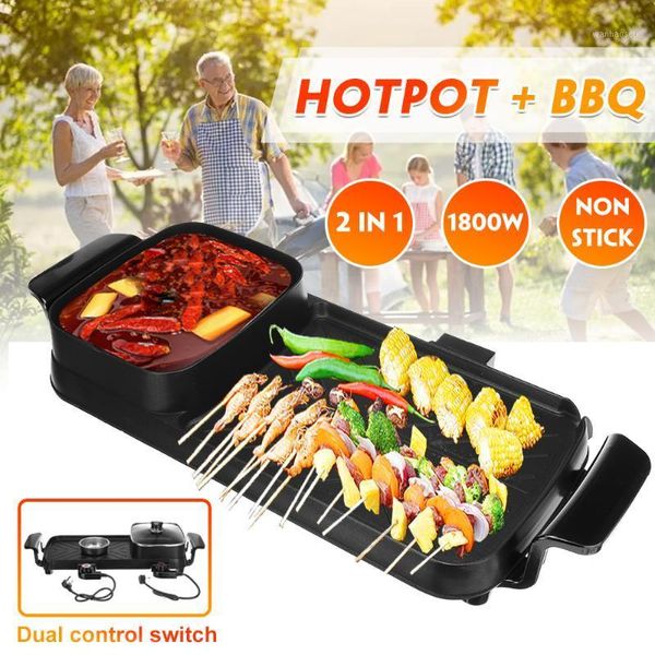 

2 in 1 multi cooker electric grill pot set non-stick stir-fry barbecue oven pan frying baking pan bbq griddle 1800w1