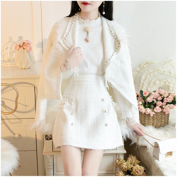 

women's tracksuits 2021 autumn women wool tweed 2 piece set female chic pearl beading feather long sleeves jacket coat+a-line mini skir, Gray