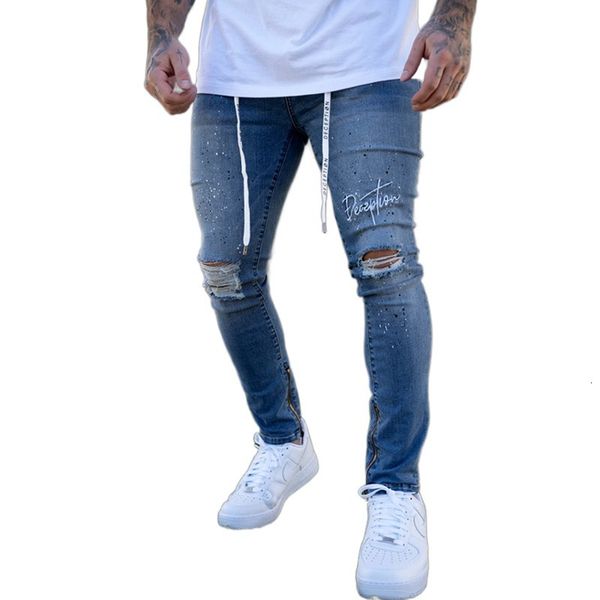 

men's embroidered letters stretch ripped biker men hip hop slim fit holes punk denim cotton zipper jeans, Blue