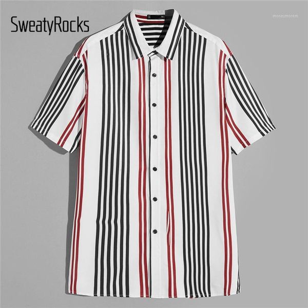 

sweatyrocks men stripe print buttoned shirt streetwear vacation shirts fashion clothing 2019 summer short sleeve male shirt1, White;black