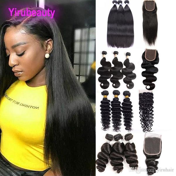 

peruvian human hair loose wave with 4x4 lace closure body wave straight kinky curly deep wave hair wefts with closure middle three way, Black;brown