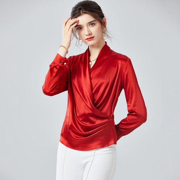 

100% pure silk women's shirts v neck long sleeves criss cross elegant fashion blouse shirt top, White