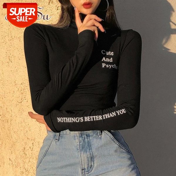 

artsu letter print nude turtleneck basic tshirt women autumn long sleeve crop t shirt ladies khaki black fashion ts52622 #f91k, White