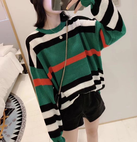 

fall 2020 women cute striped knitted pullover sweaters women korean winter fashion o-neck long sleeve sweater women clothes h1211, White;black