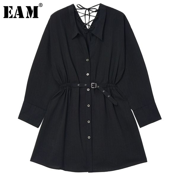 

[eam] women black elastic waist back cross bandage shirt dress new lapel long sleeve loose fit fashion spring summer 2020 1u402 y200805, Black;pink